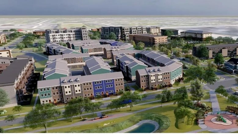 An artist's rendering shows an overhead view of a development with rows of buildings, trees and a small pond.