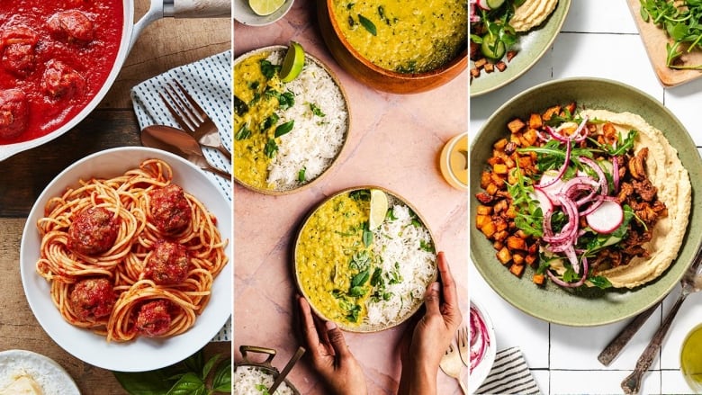 3 overhead food images. Left to right: a bowl of spaghetti and meatballs; hands holding a bowl of dal and rice; a bowl with chicken, hummus and roasted potatoes. 