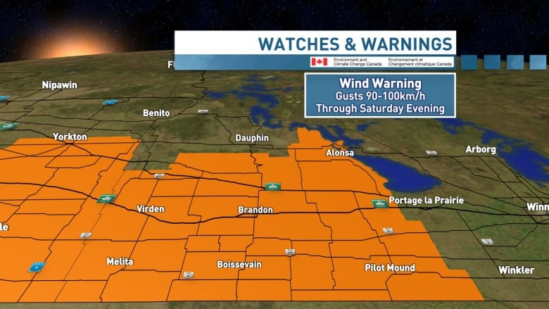 A graphic showing a map with areas were wind warnings in Manitoba and Saskatchewan are in place.