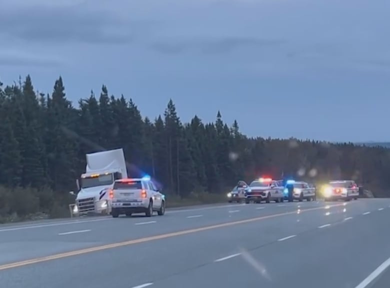 A white transport truck without a trailer sits off the road and pulled over by police.