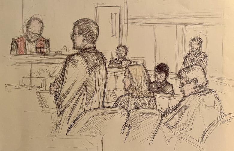 A sketch of several people in a courtroom.