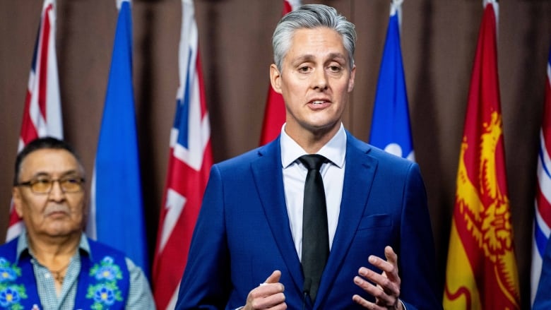 A man in a suit stands speaking in front of a row of flags, while another man stands behind, looking on.