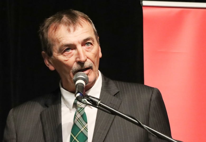 A man in a dark grey suit with a white shirt and green plaid tie speaks into a microphone.