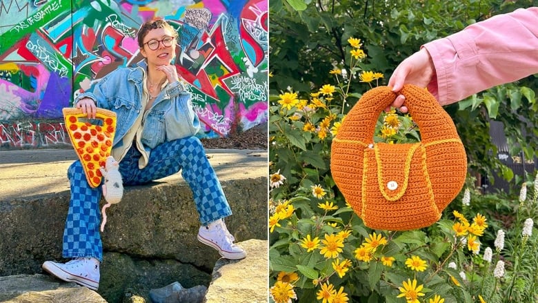 Left: Aynsley Grealis holding a crochet purse shaped like a pizza with a rat on it; right: a hand holding a crochet purse shaped like a croissant