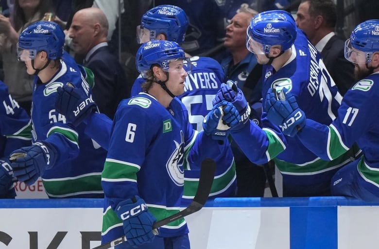 A hockey player wearing blue shakes hands with a line of his teammates.