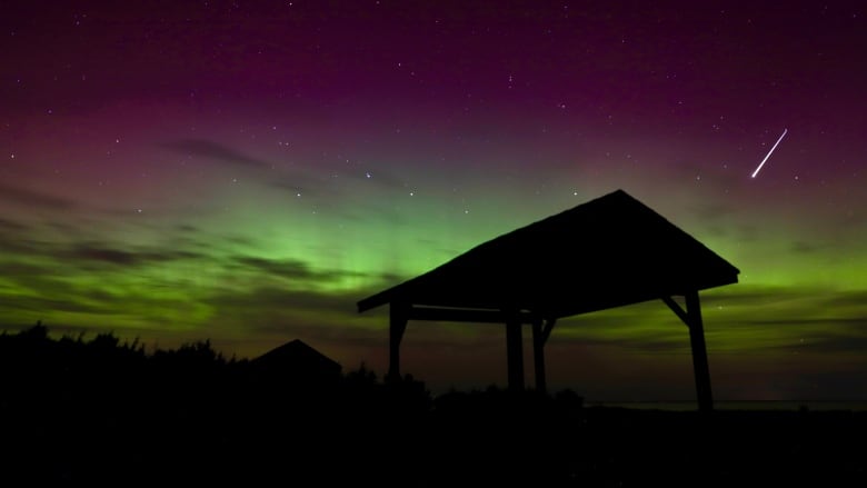 Purple and green light up the sky. A pole shed is is a silhouette in the foreground. 