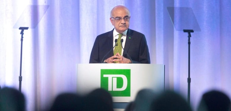 A man stands in a suit behind a podium that has the green TD logo on it. A blurry silhouette of a crowd is visible at the bottom of the image. 