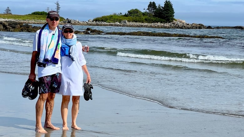 man and woman with their arms around each other on a beach