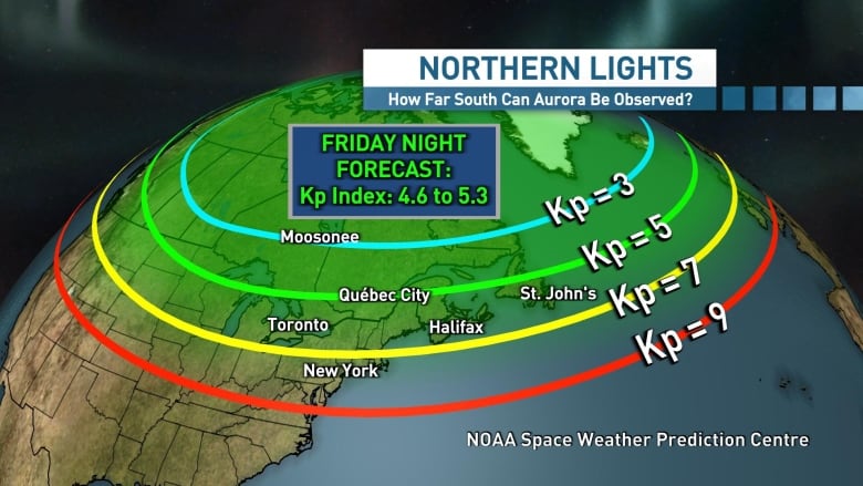 A map shows where the northern lights could be visible.