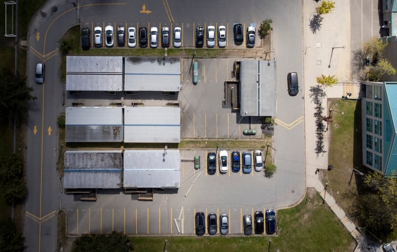 aerial photo of parking lot with portable classrooms