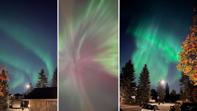 three images of green and purple northern lights in the night sky