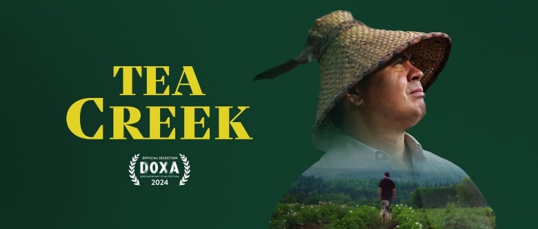 A movie poster showing a man in cedar hat on the side against a green background and a yellow text in the middle with the words 'Tea Creek.'