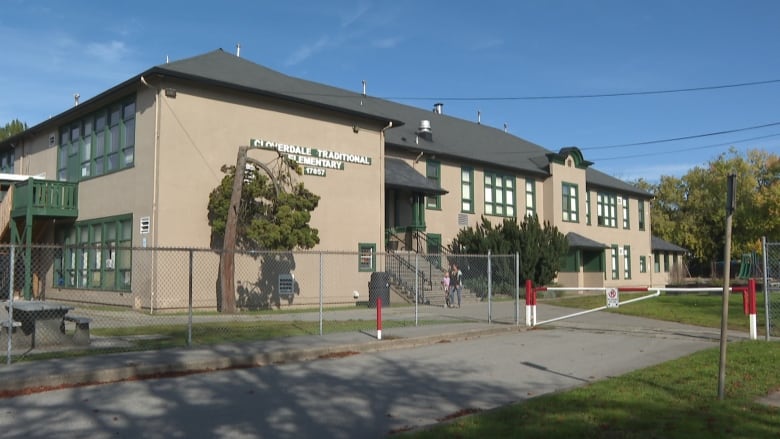 A school building is pictured on a bright sunny day. 