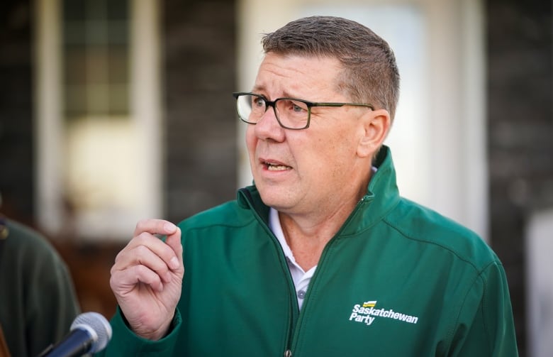 Saskatchewan Party leader Scott Moe speaks during a media event in Regina, Friday, Oct. 4.