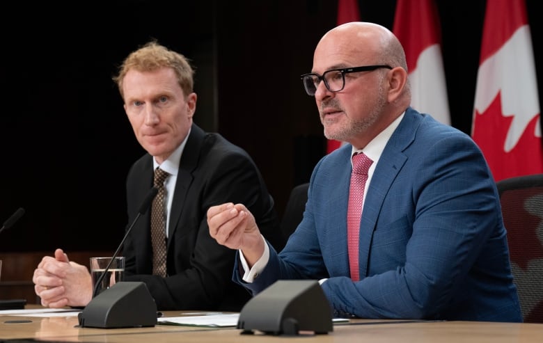 Two government officials in suits speak at a press conference with Canadian flags behind them.