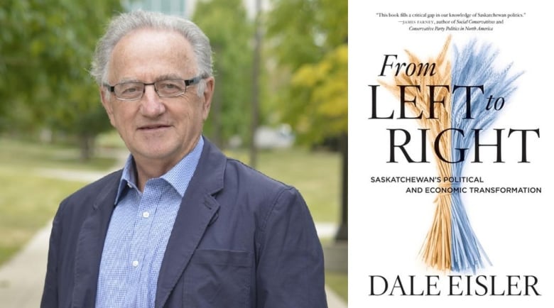 A photo collage of a man in a suit posing for a picture and the book cover of From Left to Right.