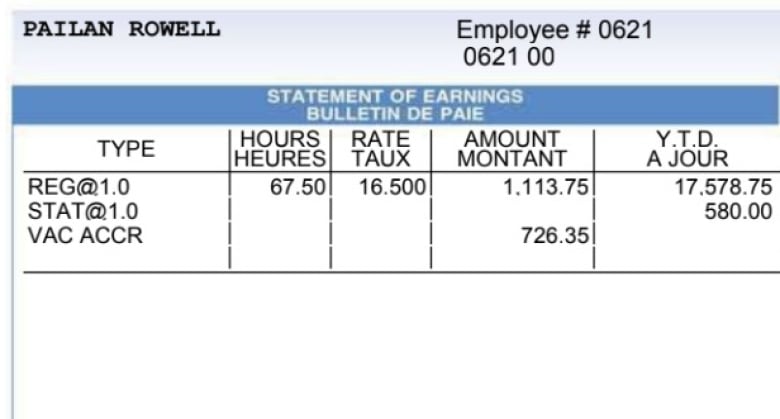 A detail from a July 2023 paystub that Rowell Pailan provided to CBC. The hourly rate is listed at $16.50. 