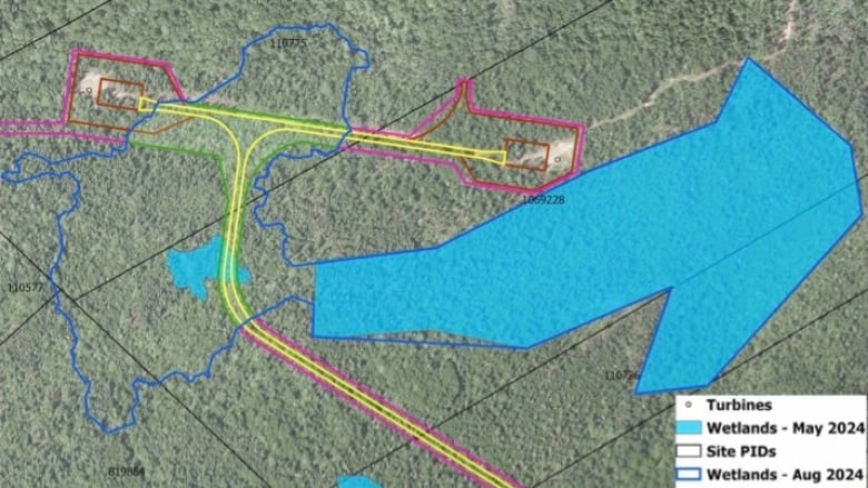 In this map of the Eastern Kings wind farm development, the thin blue line represents the wetland's outline as it was revised in August 2024. The cleared 2.52 acres of wetland are enclosed by the green line.