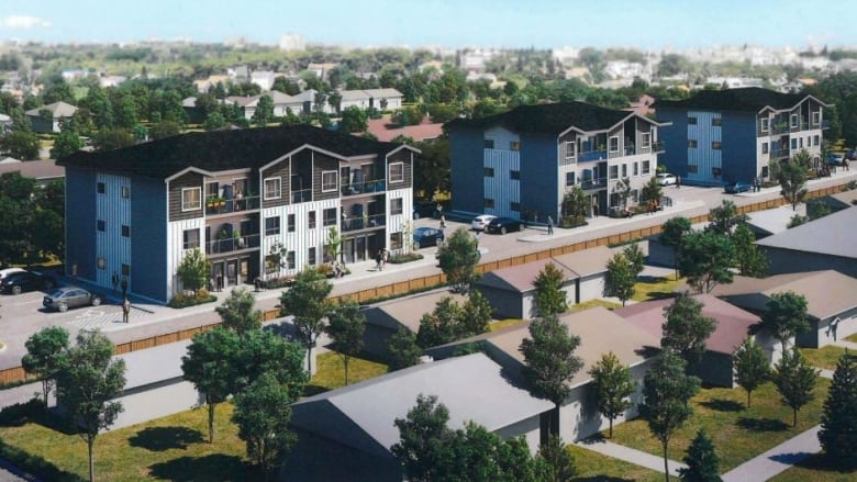 An architectural rendering shows three, three-storey buildings behind a row of houses, with a fence in between.