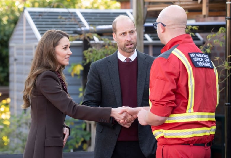 Two people shake hands as another person looks on.