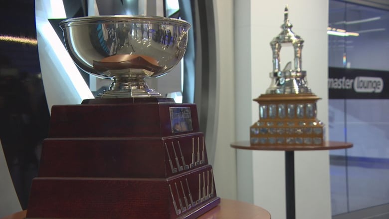 Two hockey trophies are pictured.