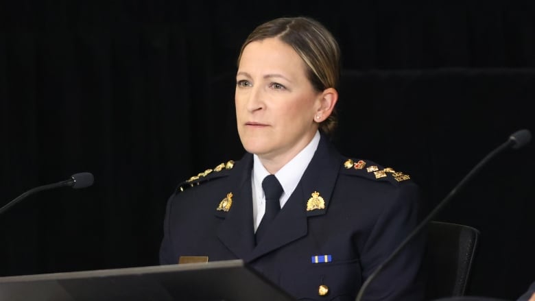 A woman with a black tie and uniform testifies at a committee