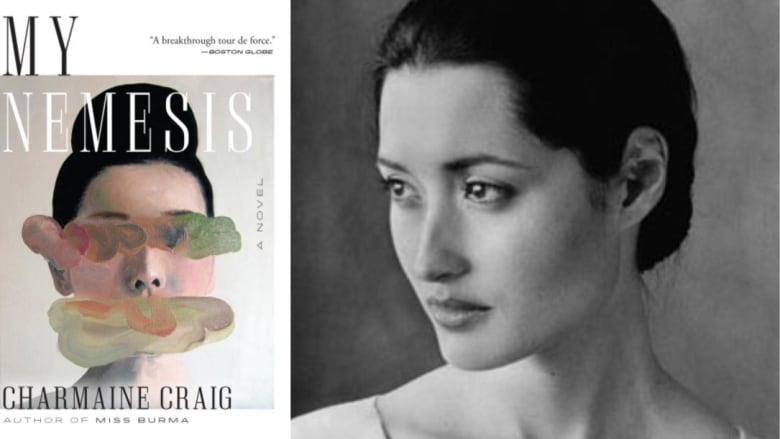 My Nemesis by Charmaine Craig. Illustrated book cover shows a painting of an East Asian woman with her black hair in a bun and paint smudges over her eyes and mouth. Black and white portrait of the author.