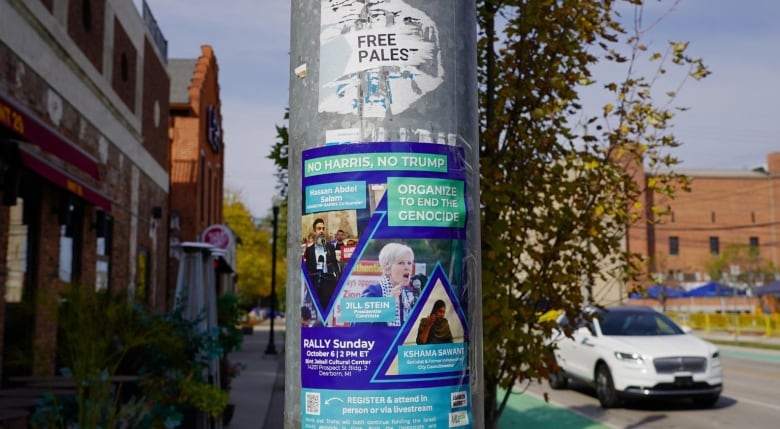 A teal-coloured sign encouraging people not to vote for Democratic nominee Kamala Harris or Republican nominee Donald Trump is seen on a lamp post.