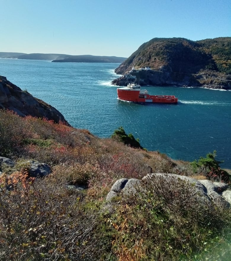 Looking at harbour with red boat sailing.