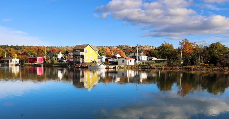 Shoreline of a few houses reflected in water