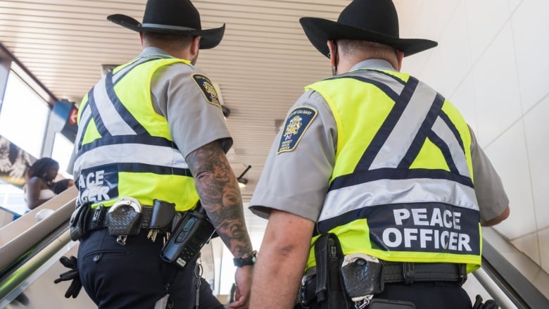 Two peace officers are seen from the rear, riding up an escalator.