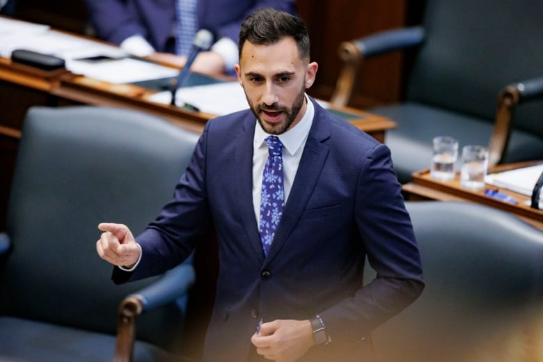 Energy minister Stephen Lecce is seen speaking on the floor of the provincial legislature.