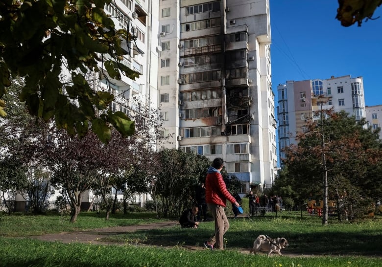 A drone-damaged apartment building is seen in Chornomorsk, Ukraine.