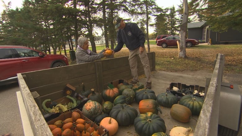 A man stands on a trailer filled with pumpkins, handing a small pumpkin to a woman in the food bank parking lot.