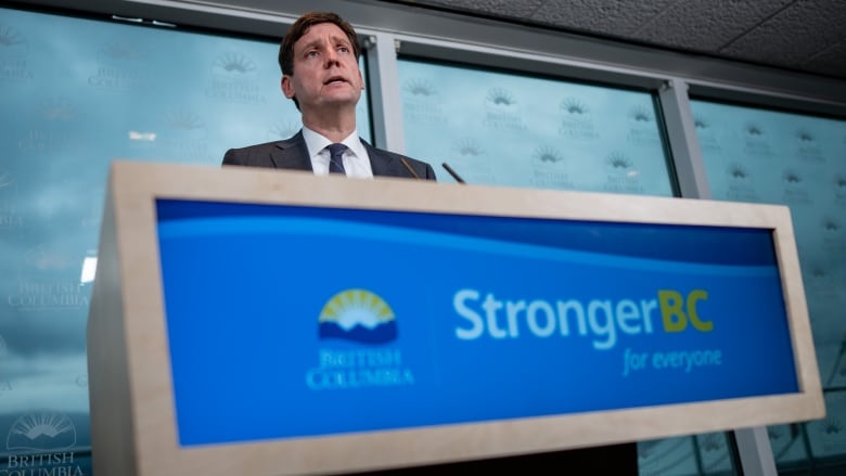 A man at a podium that says 'StrongerBC.'