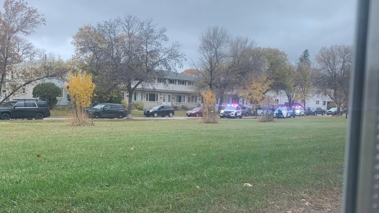 Police cars on a residential street.