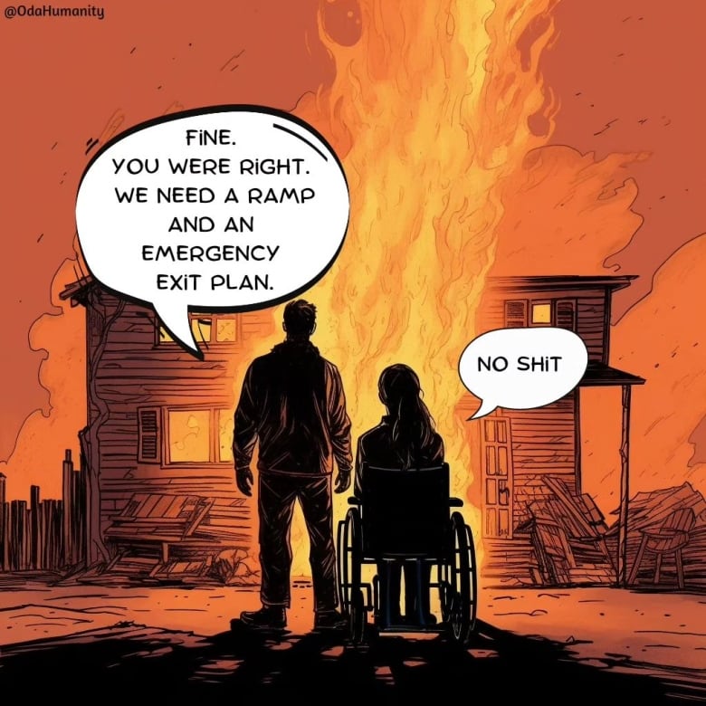 Comic of house burning down with two people outside of it.