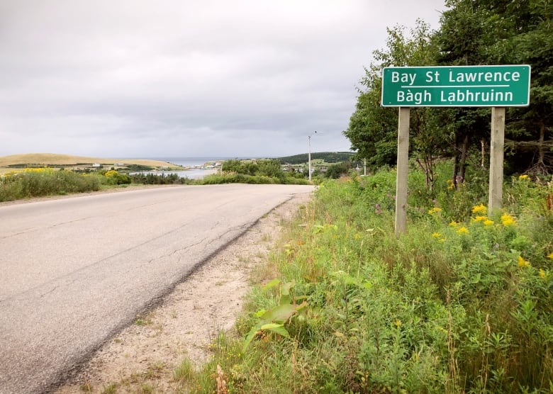 Image of a road on a slight hill that leads past a road sign and down into a green coastal community with the ocean in the distance.