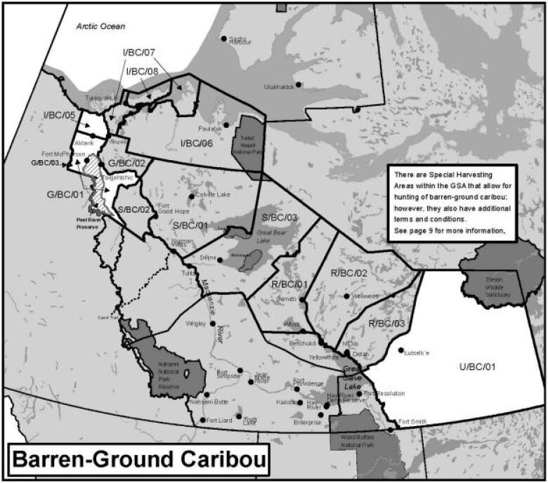 Black and white map with different hunting zones divided by lines for Barren-Ground Caribou