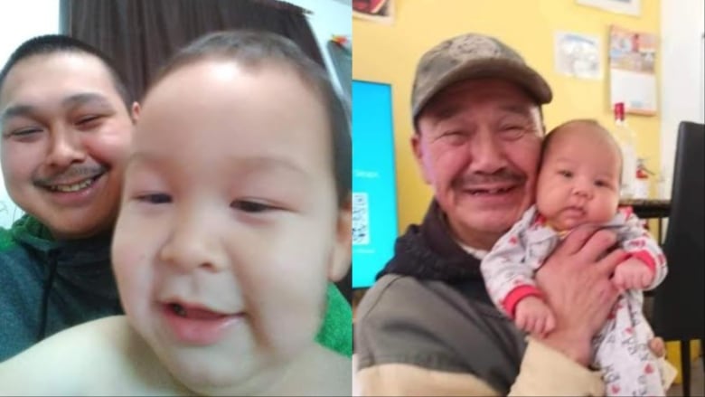 Two pictures side by side, of a man with his young child, and an older man with a young child. 