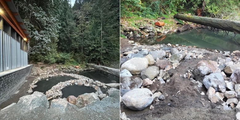 A before and after comparison of what a hot spring looked like before it was filled in with boulders.