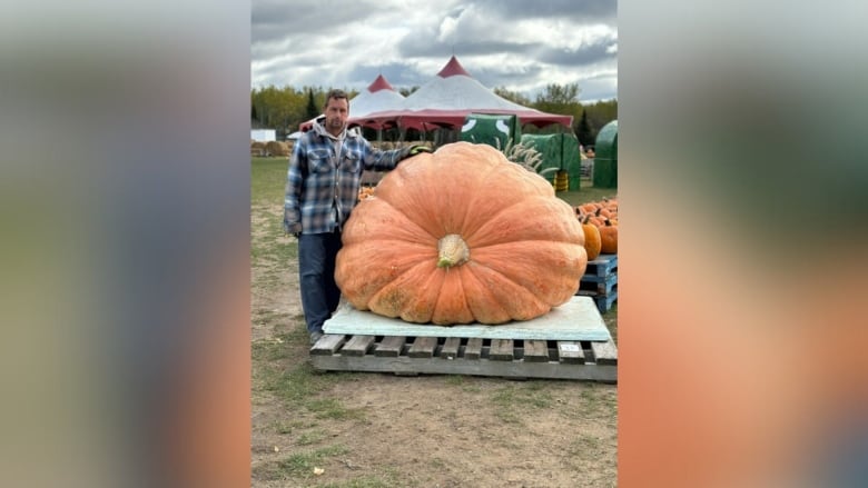 A man standing next to a giant pumpkin.