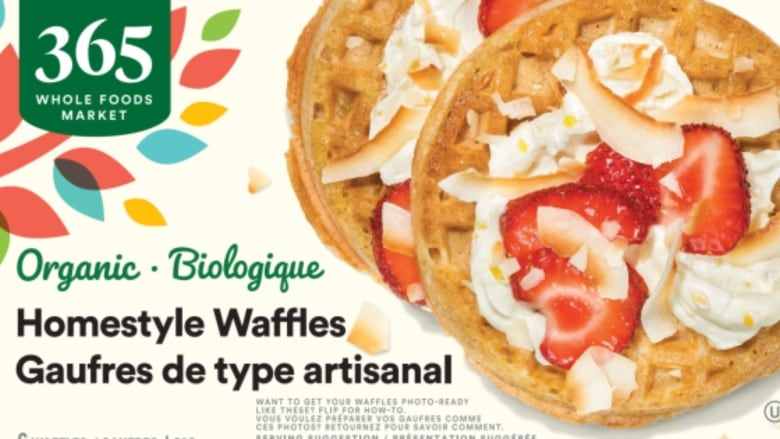 Packaging advertising 365 Whole Foods Market Organic Homestyle Waffles.