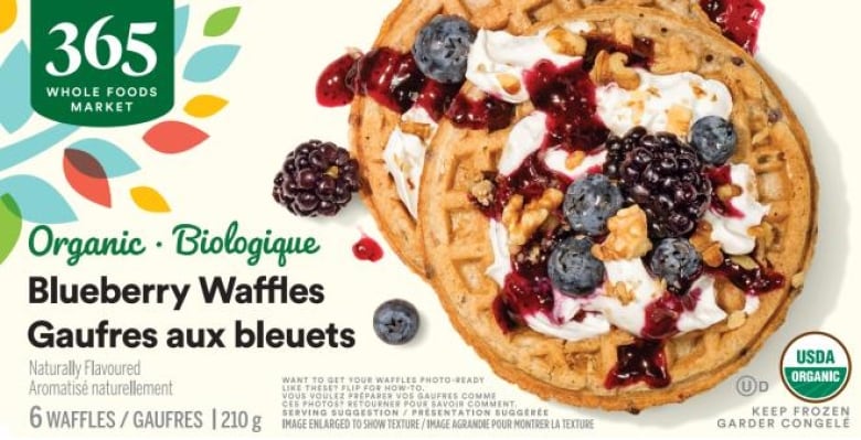 Packaging advertising 365 Whole Foods Market Organic Bluberry Waffles.