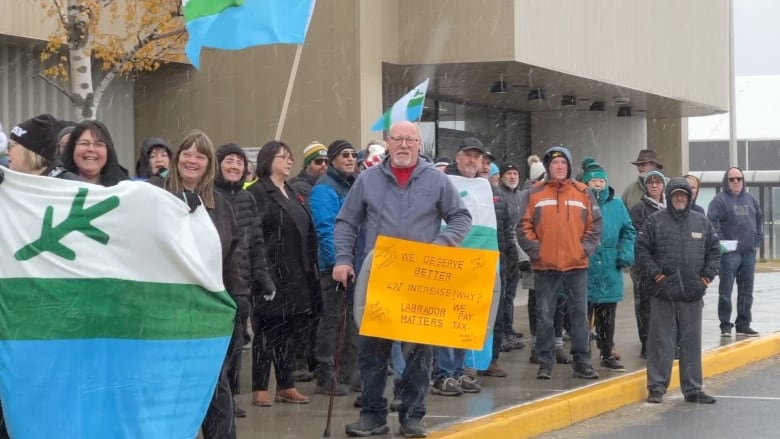 Group of people standing outside a building. Some are waving white, blue and green flags. It is snowing.