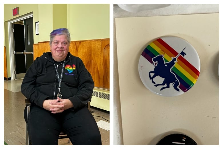 Two images, a woman on the left and a pin with a man on horse figure in front of rainbow. 