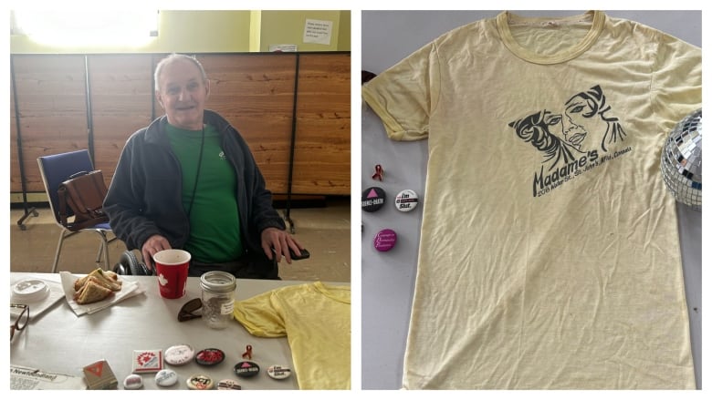 Two images, man in wheelchair on the left and a yellow t-shirt that says madame's on the right. 