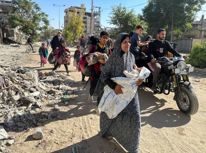 Displaced people walking.