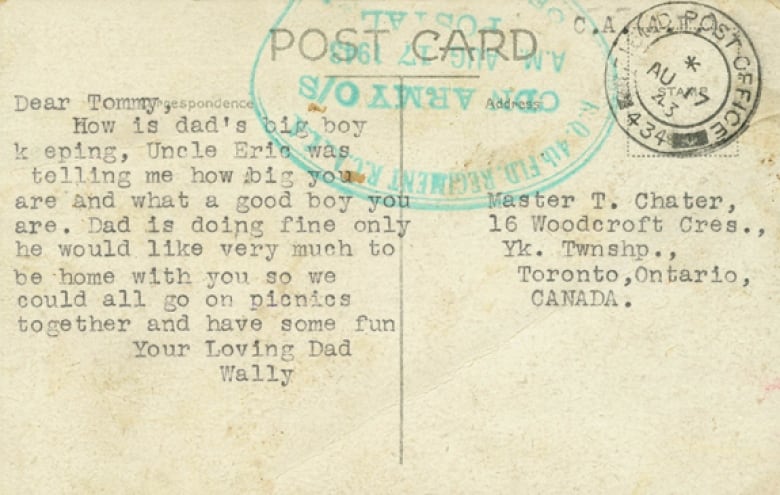 A postcard William Chater sent his son in Toronto during the Second World War while he was serving with the Royal Canadian Artillery in France. 