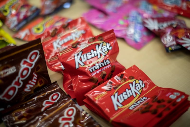 Candies marked 'KushKat' and 'Drolo Mini' are pictured on a table.